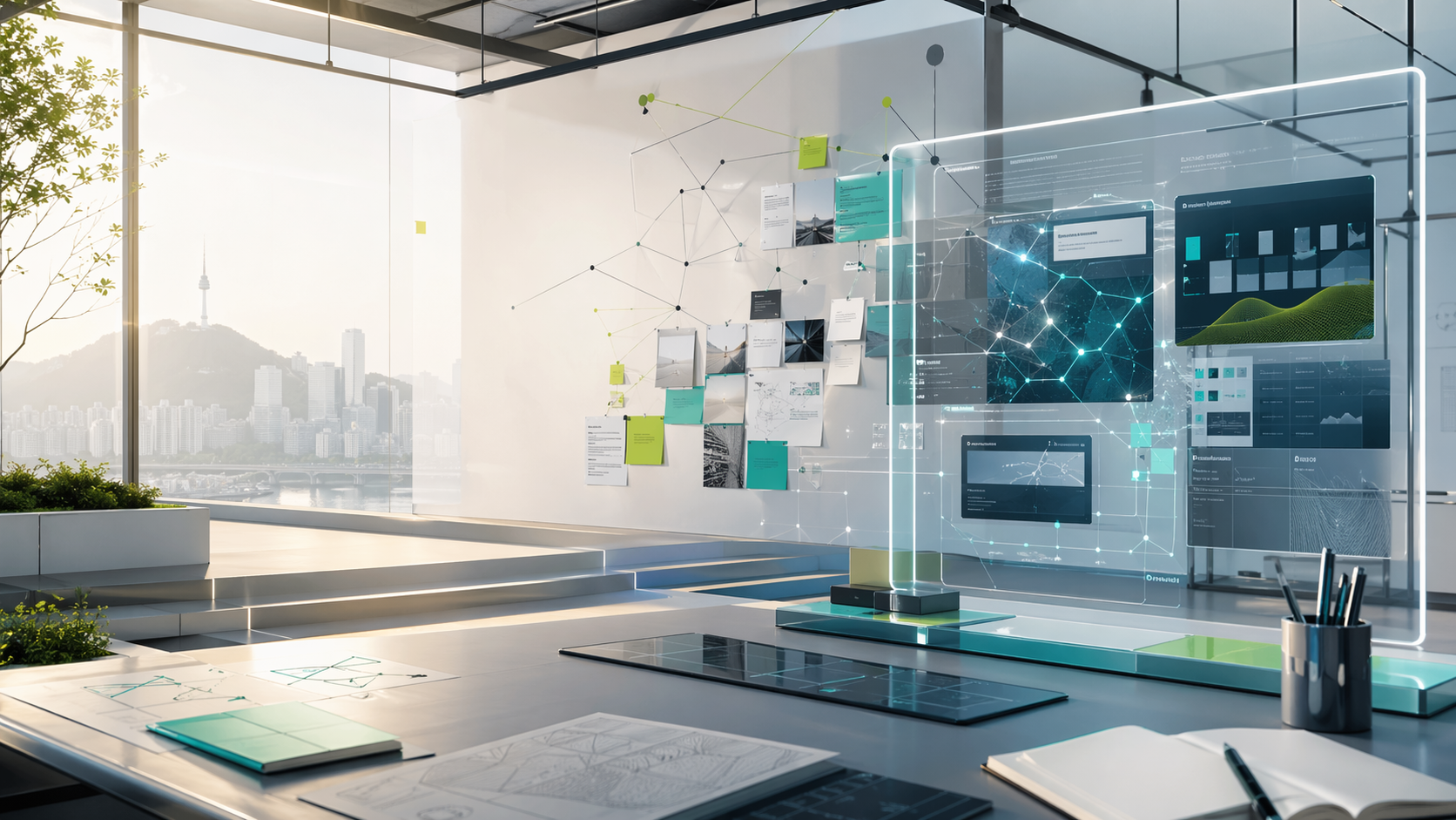 디지털 프로젝트 보드와 네트워크 맵이 있는 업무 공간